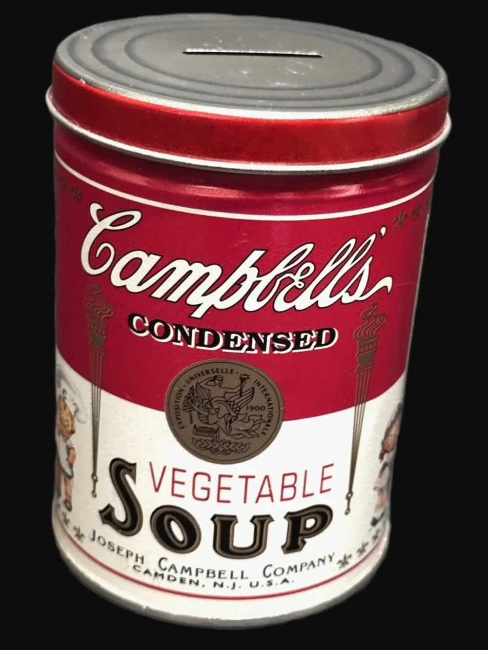 Campbell's Vegetable Soup Tin Canister Bank ft. Campbells Kids Vintage ca. 1997